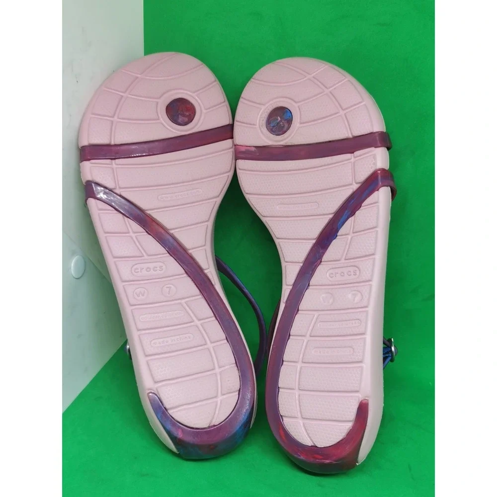 CROCS Size 7 Really Sexi Thong Pink Marble Studded Strappy Sandals Comfort Flat